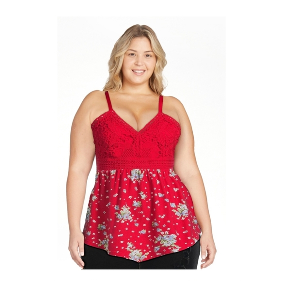 No Boundaries~Red Crochet Lace Floral Print Babydoll Tank Top - Picture 1 of 15